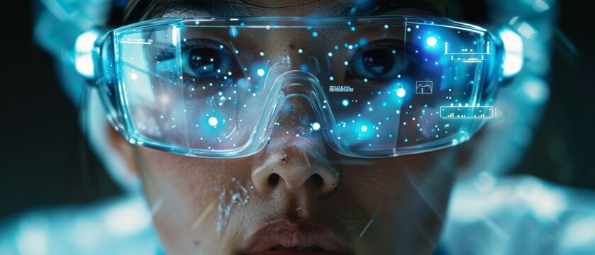 Surgeon using augmented reality glasses during a procedure, with vital patient data and medical imaging overlaid onto their field of view