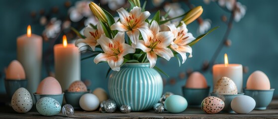 Blooming Easter lilies on the table surrounded by flickering Easter candles and decorative eggs