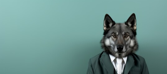 Anthropomorphic wolf in business suit working in corporate office setting with copy space
