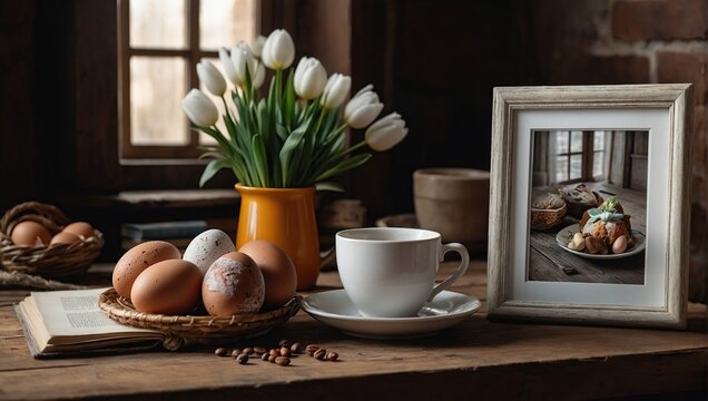 Easter breakfast still life, Blank picture frame mockup. Wooden bench, table composition with cup of coffee, old books