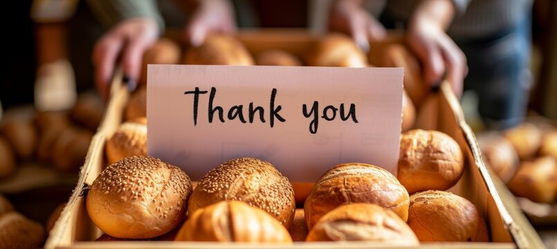 Grateful volunteers expressing thanks with message  thank you  over full grocery donation box