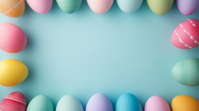 Colorful Easter Eggs frame border over a pastel blue background with Copy space.