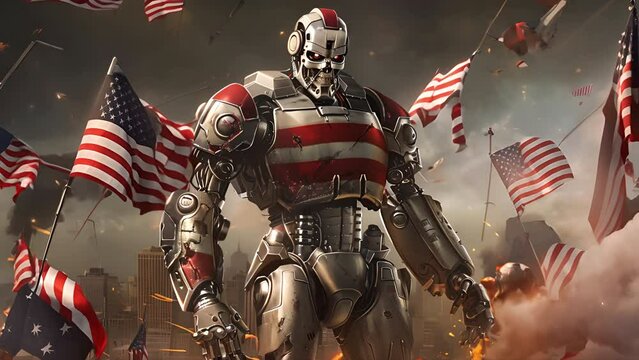 Artificial intelligence robot President of the United States stands victorious amongst the remains of his enemies as American flags wave in the wind