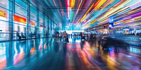 Busy airport terminal, blurred motion shot