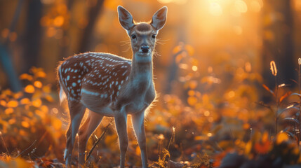 A young deer with large, expressive eyes and ears stands amidst a field of blooming yellow flowers, bathed in the golden light of the setting sun that casts a warm glow over the serene landscape.