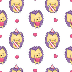 Seamless pattern with happy hedgehogs birthday