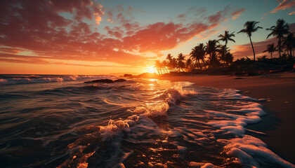 Sunset over the tranquil coastline, nature beauty in tropical paradise generated by AI