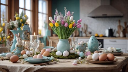 Festive decoration of the easter kitchen and table - obrazy, fototapety, plakaty