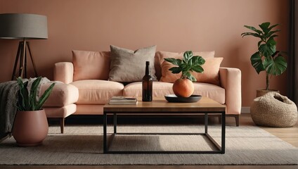 Minimal living room with wooden coffee table near sofa close-up, Interior in trendy peach colors