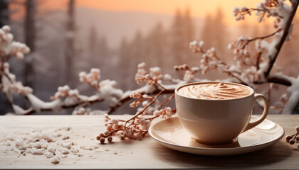 Fresh coffee cup on wooden table in nature background generated by AI