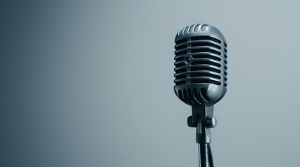 Vintage microphone on stand isolated against grey background. perfect image for music, podcasts and broadcasting. simple and elegant design. AI