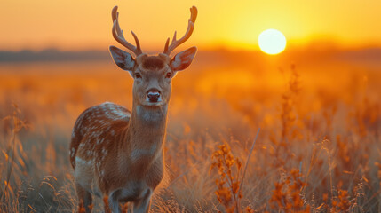 A young deer with large, expressive eyes and ears stands amidst a field of blooming yellow flowers, bathed in the golden light of the setting sun that casts a warm glow over the serene landscape.