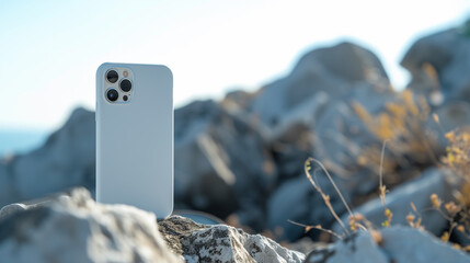 Smart phone showcase on a rock, Sleek Phone Case Mockup for Smartphone product review, grey