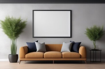 empty mockup picture frame on the wall, interior of a modern living room, minimalist interior, lounge area with a bright sofa, indoor plants, poster template