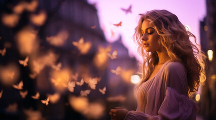 woman, flickering bokeh lights in the background.