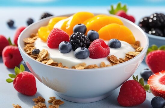 yogurt with berries. bowl of granola with yogurt and berries and fruits, sea morning background.