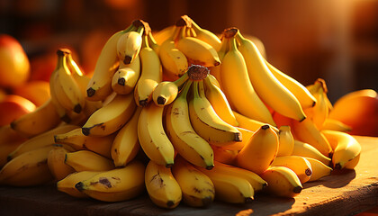 Fresh, ripe bananas on wooden table, nature healthy snack generated by AI