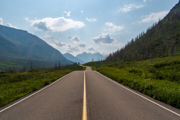 Road through valley, Waterton Lakes National Park, Alberta, Canada