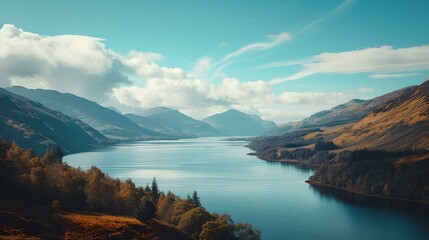 Serene lake landscape with rolling hills and clear skies, perfect for wall art or background usage. AI