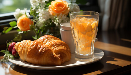 Fresh croissant and gourmet coffee on wooden table, pure elegance generated by AI