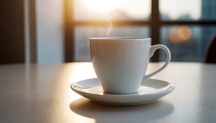 Morning Coffee: A white cup filled with steaming coffee rests on a clean white table, casting a subtle shadow. creating a serene morning scene.