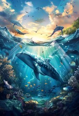 whales swimming ocean sunset cute underwater alien standing beside sea sheep every living being puzzle diver under stands pool deep magic jungle - obrazy, fototapety, plakaty