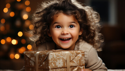 Smiling child holds gift, brings happiness to Christmas celebration generated by AI