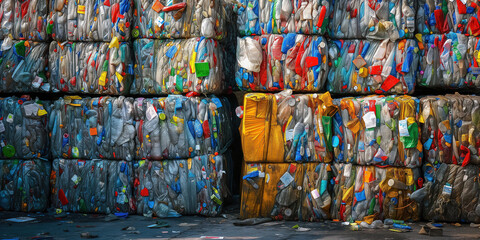 Multiple cubes of compressed plastic garbage near the waste recycling factory and plastic pollution concept.
