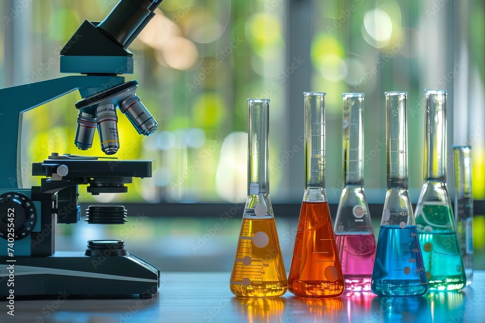 Poster science lab concept with colorful liquids in beakers and a microscope symbolizing research and disco
