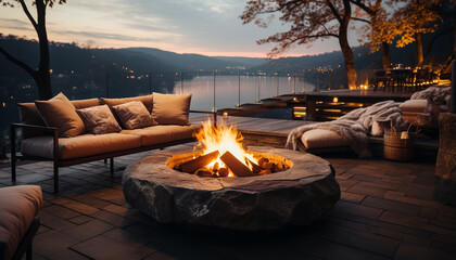 Cozy campfire illuminates tranquil outdoor landscape, providing warmth and relaxation generated by AI