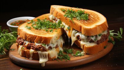 Grilled meat sandwich on wooden plate, fresh and appetizing generated by AI