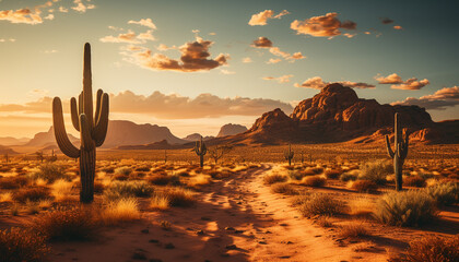 Majestic sunset over desert mountains, a tranquil wilderness silhouette generated by AI