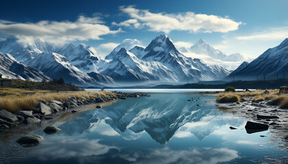 Majestic mountain peak reflects in tranquil icy blue water generated by AI