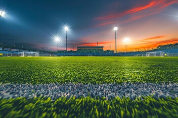 Soccer stadium with a vibrant lawn under the illumination of stadium lights Ready for an exciting match and showcasing the beauty of sports facilities.