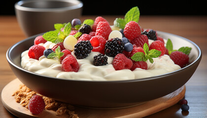 Fresh berry parfait with yogurt, granola, and mint leaf garnish generated by AI