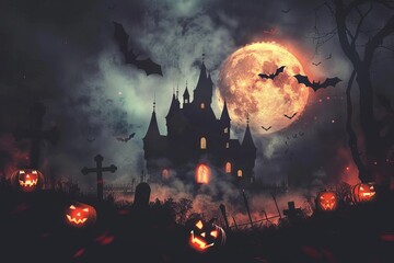 Spooky halloween scene with a haunted castle silhouette against a full moon Surrounded by flying bats and jack-o'-lanterns in a creepy graveyard