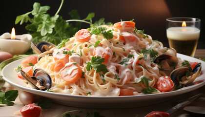 Fresh seafood pasta with parsley, tomato sauce, and healthy vegetables generated by AI