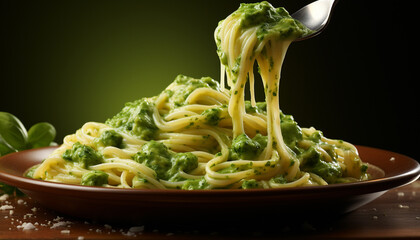 Fresh homemade pasta with savory pesto sauce and parmesan cheese generated by AI