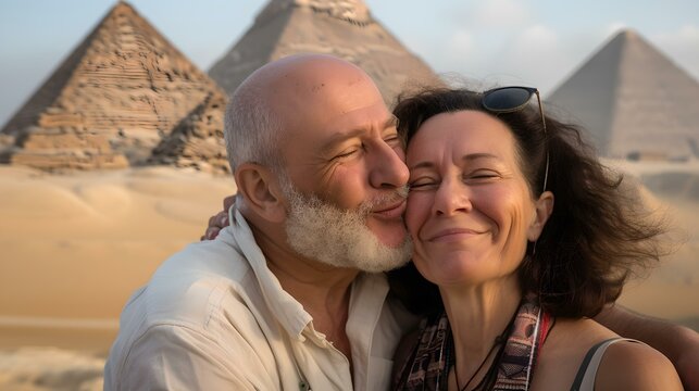 Happy couple embracing in front of the pyramids. smiling tourists enjoying egypt. captured moment of joy and love. travel photography. AI