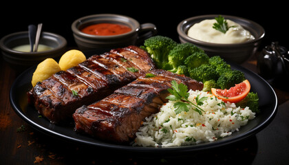 Grilled meat plate with fresh vegetables, ready to eat and savory generated by AI