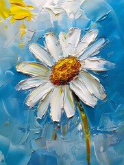 white flower blue background yellow leaves sun daisies street broken glass impasto brush strokes swiping brushwork high definition torn edges