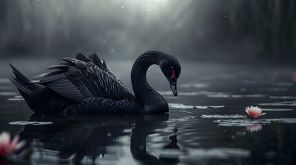 Black swan in a pond rainy weather. Dramatic concept template, elegance, nature, loss and devotion with place for text - obrazy, fototapety, plakaty