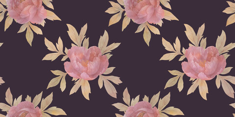 Fototapeta premium Watercolor flowers, seamless pattern, drawn peony flowers, on a dark background