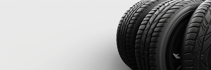 Car tires close-up on white background, banner