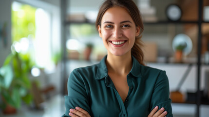 Confident businesswoman smiling in office environment, arms crossed.