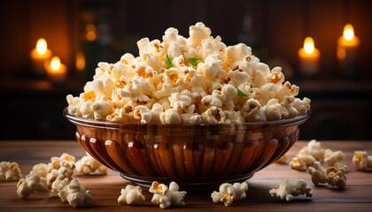 Fresh popcorn in wooden bowl, perfect movie theater snack generated by AI