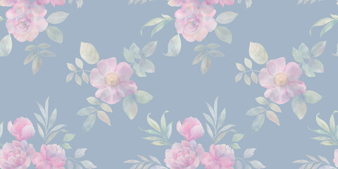 watercolor bouquets of flowers, seamless pattern, abstract background of flowers and leaves, peonies and roses, for wallpaper printing, wrapping paper, cards