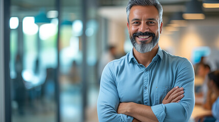 Naklejka premium Confident young man smiling with arms crossed in a casual office setting.