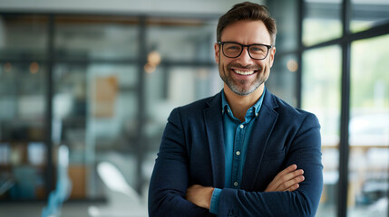 Confident young man smiling with arms crossed in a casual office setting. - obrazy, fototapety, plakaty