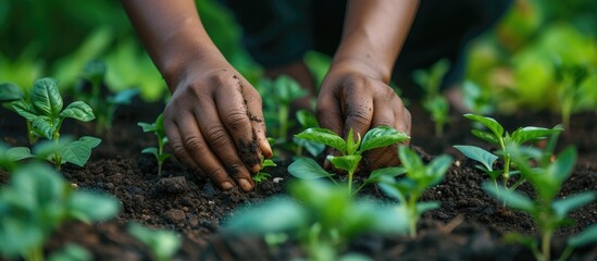 A black womans hands promoting growth and sustainability on Earth Day through gardening and agriculture, fostering a green and eco-friendly future by volunteering in agro activities.